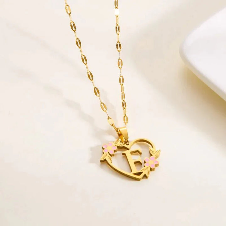 Kalsten | Dainty Floral Accented Heart Letter Initial Necklace