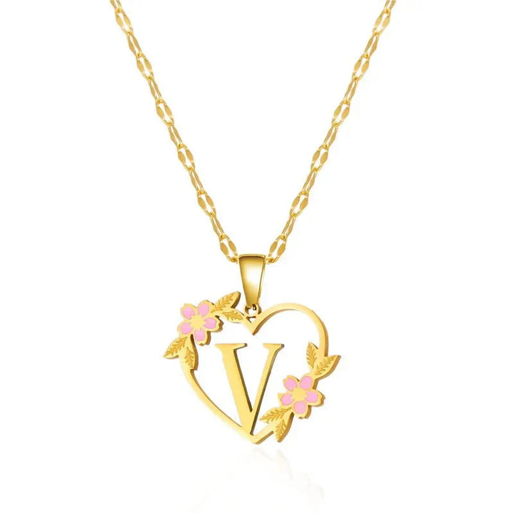 Kalsten | Dainty Floral Accented Heart Letter Initial Necklace