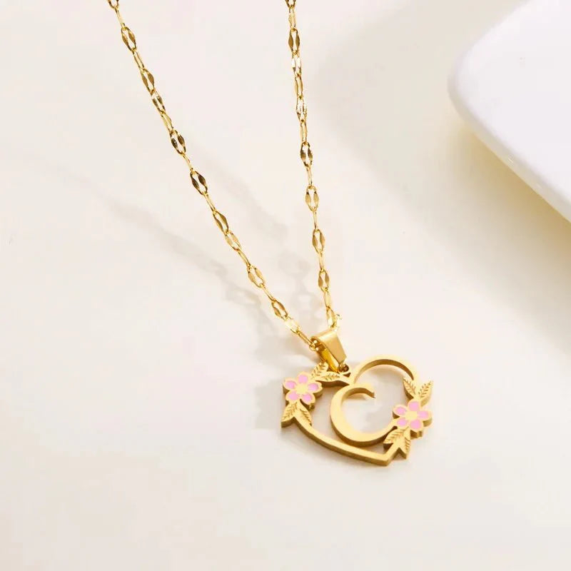 Kalsten | Dainty Floral Accented Heart Letter Initial Necklace