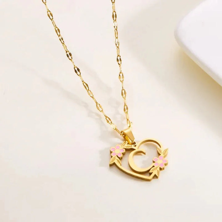 Kalsten | Dainty Floral Accented Heart Letter Initial Necklace
