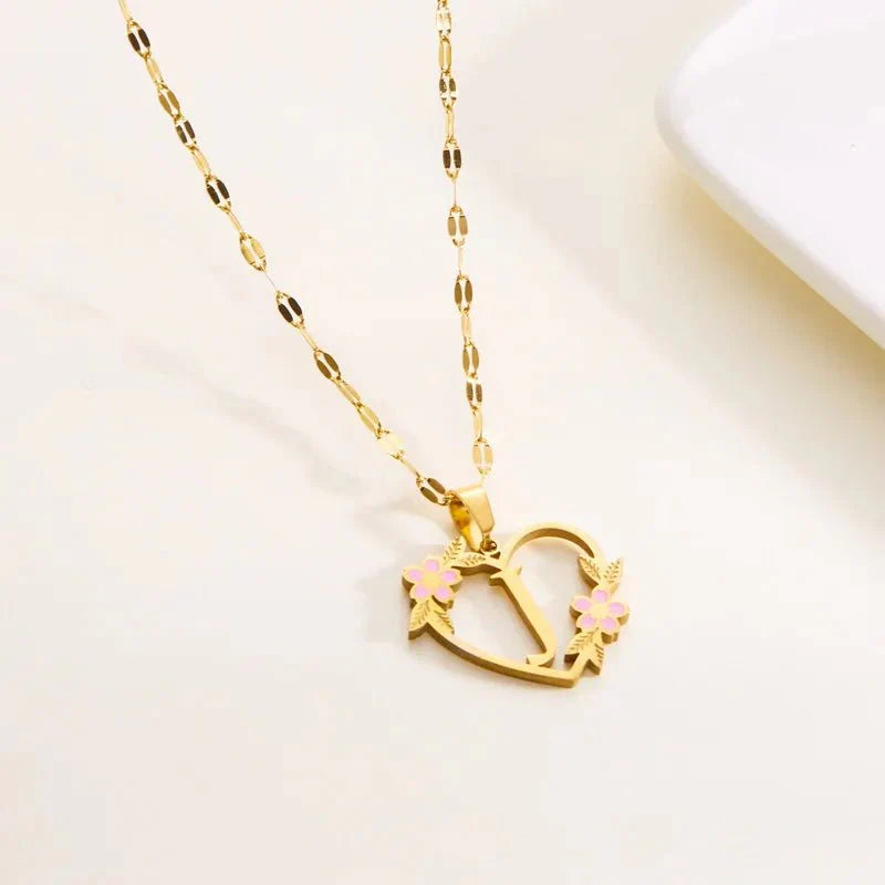 Kalsten | Dainty Floral Accented Heart Letter Initial Necklace