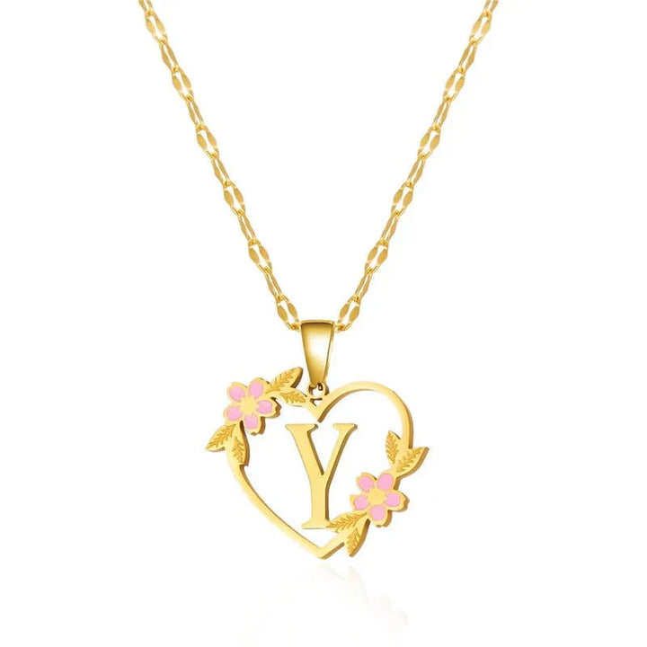 Kalsten | Dainty Floral Accented Heart Letter Initial Necklace