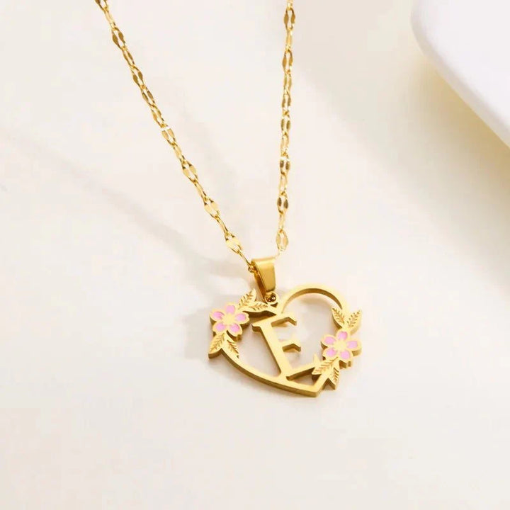 Kalsten | Dainty Floral Accented Heart Letter Initial Necklace