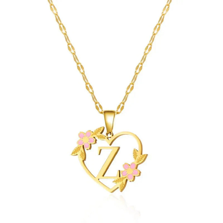 Kalsten | Dainty Floral Accented Heart Letter Initial Necklace