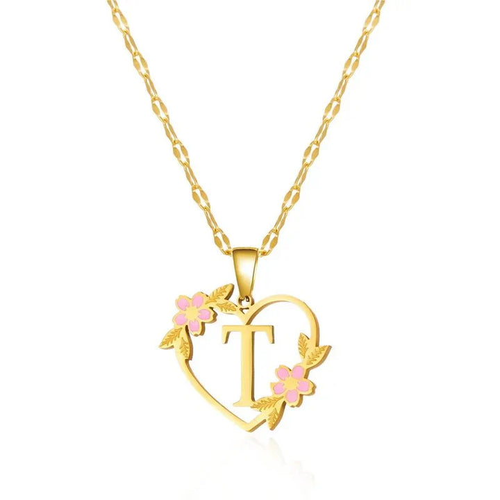 Kalsten | Dainty Floral Accented Heart Letter Initial Necklace