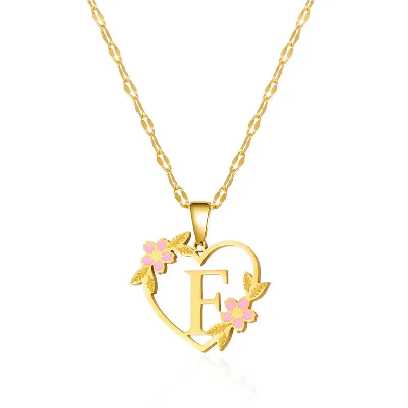 Kalsten | Dainty Floral Accented Heart Letter Initial Necklace
