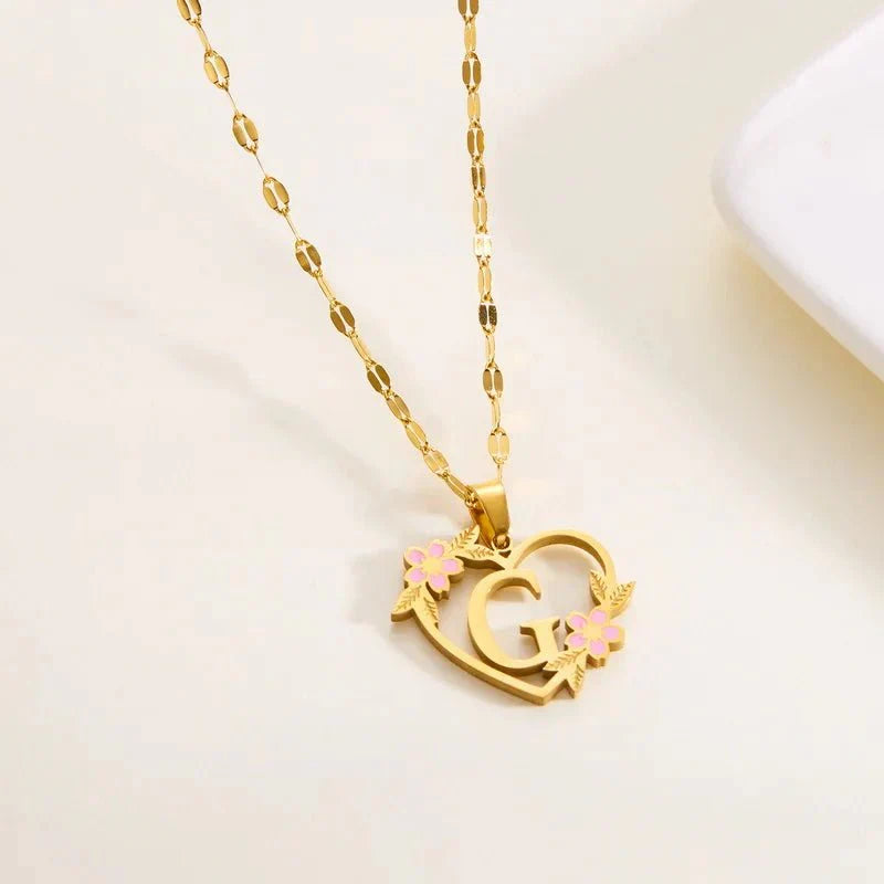 Kalsten | Dainty Floral Accented Heart Letter Initial Necklace