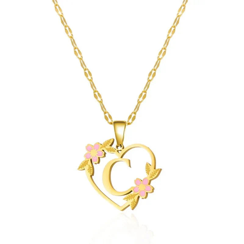 Kalsten | Dainty Floral Accented Heart Letter Initial Necklace