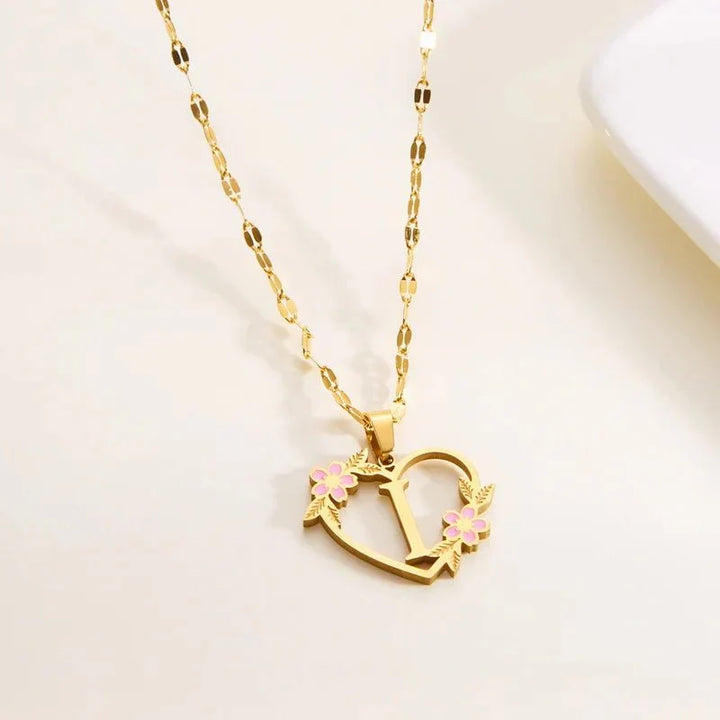 Kalsten | Dainty Floral Accented Heart Letter Initial Necklace