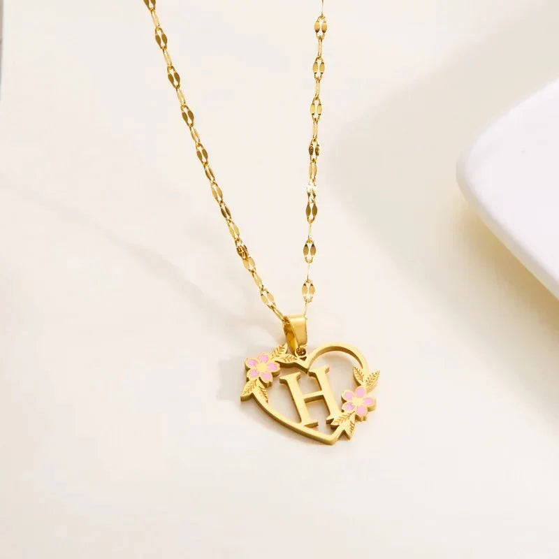Kalsten | Dainty Floral Accented Heart Letter Initial Necklace