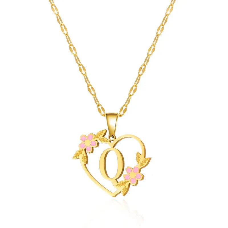 Kalsten | Dainty Floral Accented Heart Letter Initial Necklace