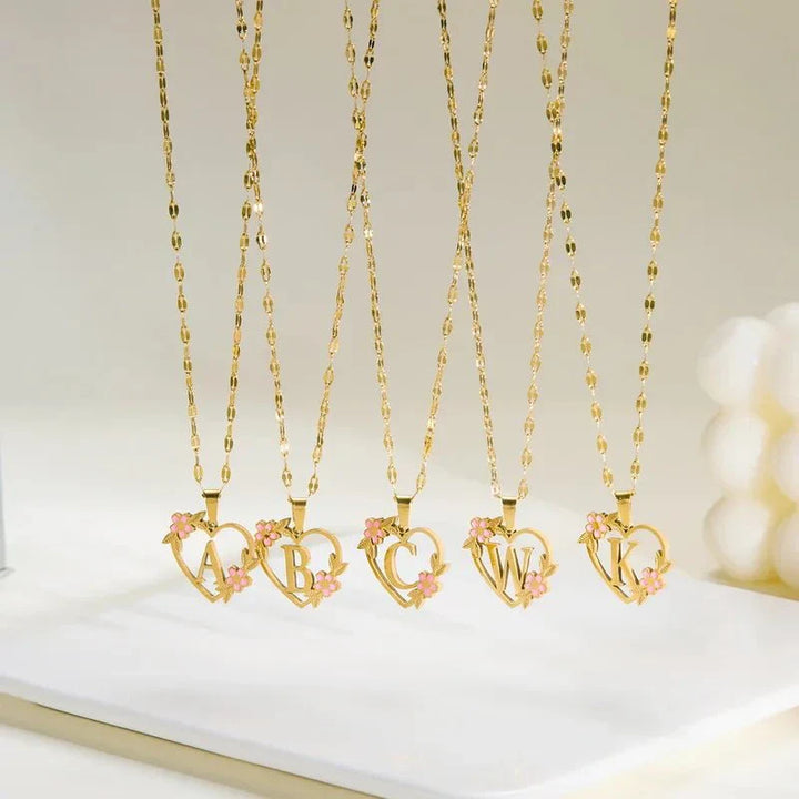 Kalsten | Dainty Floral Accented Heart Letter Initial Necklace