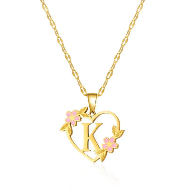 Kalsten | Dainty Floral Accented Heart Letter Initial Necklace