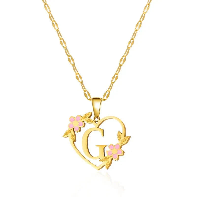 Kalsten | Dainty Floral Accented Heart Letter Initial Necklace