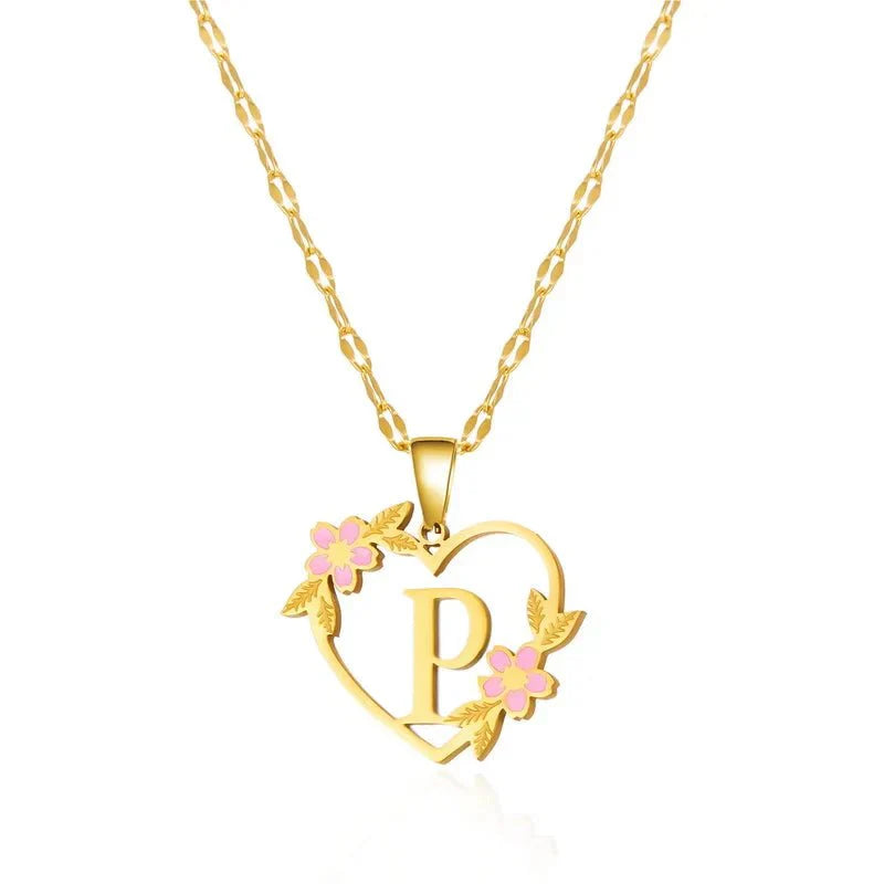 Kalsten | Dainty Floral Accented Heart Letter Initial Necklace