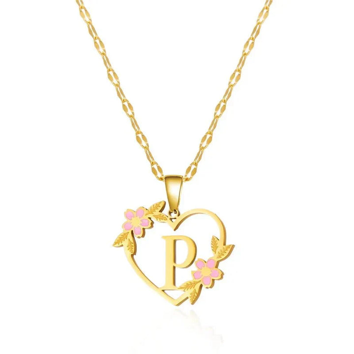 Kalsten | Dainty Floral Accented Heart Letter Initial Necklace
