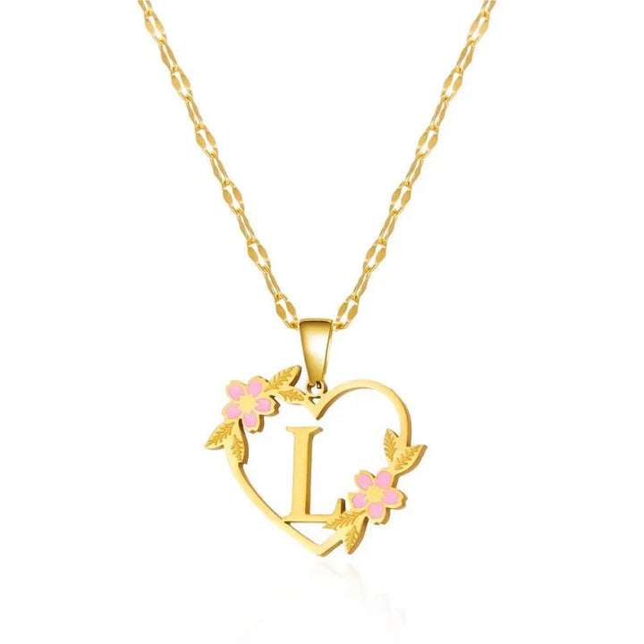 Kalsten | Dainty Floral Accented Heart Letter Initial Necklace