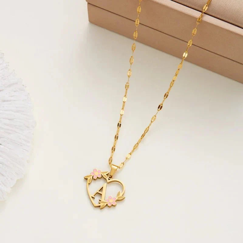 Kalsten | Dainty Floral Accented Heart Letter Initial Necklace
