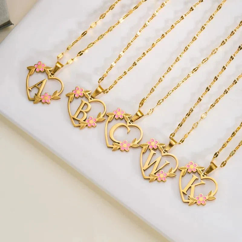 Kalsten | Dainty Floral Accented Heart Letter Initial Necklace