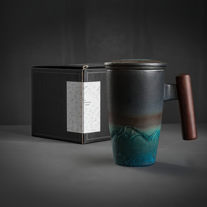 Kalsten | TeaCraft Ceramic Mug | Handmade | With Tea Infuser & Wooden Handle | Retro Design