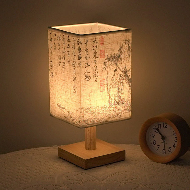 LED table lamp in a square design – wooden base with Japanese pattern | Kalsten