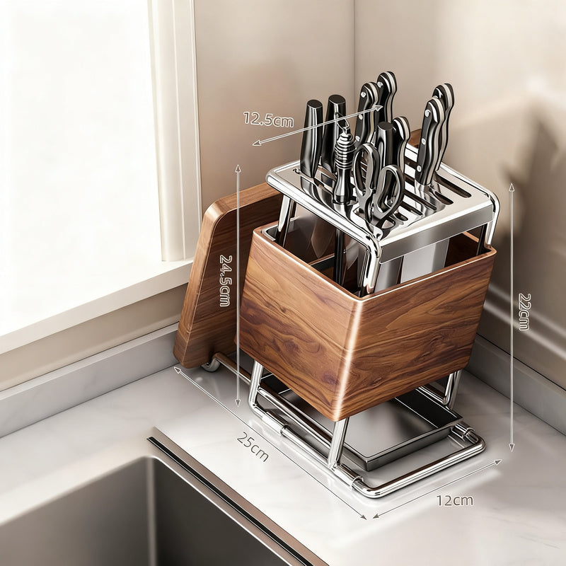 Rotating knife block made of stainless steel with accessories