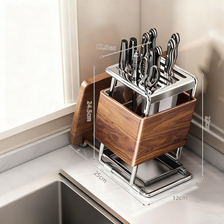 Rotating knife block made of stainless steel with accessories