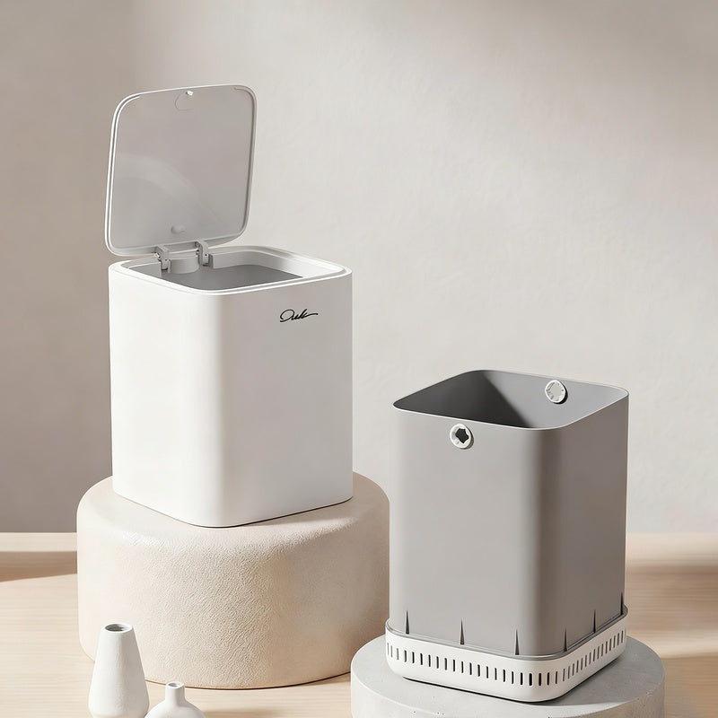 Trash can with lid and automatic bag holder