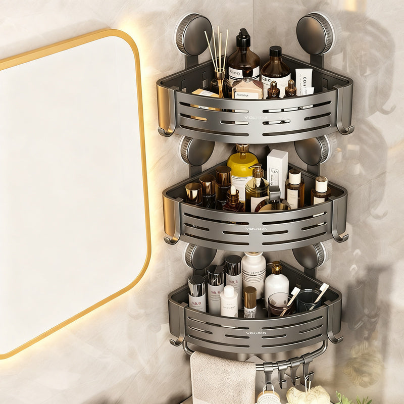 Bathroom corner basket with suction cup made of aluminum