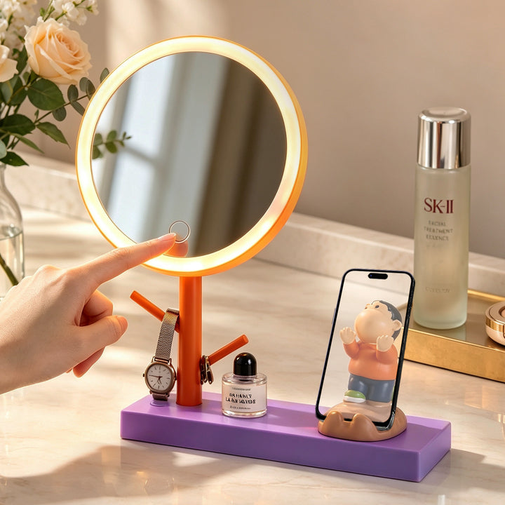 LED makeup mirror with stand and phone holder