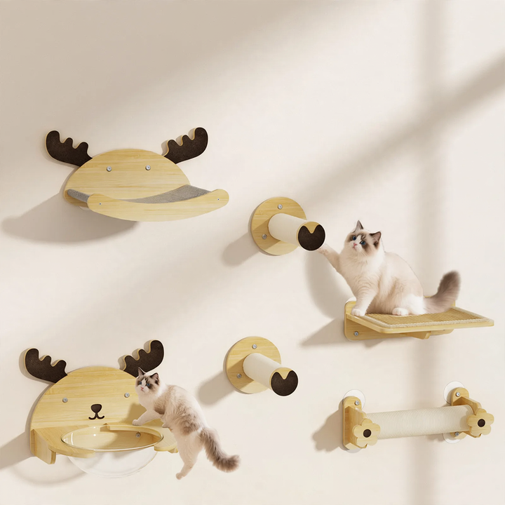 Wall-mounted cat climbing tree made of wood with sisal rope