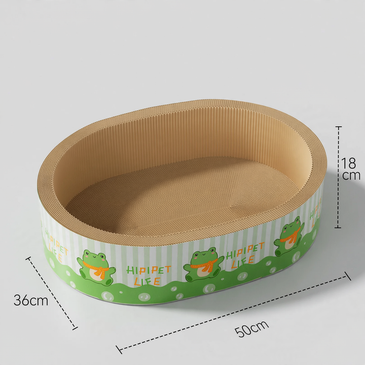 Cat scratching board made of corrugated cardboard with resting bowl