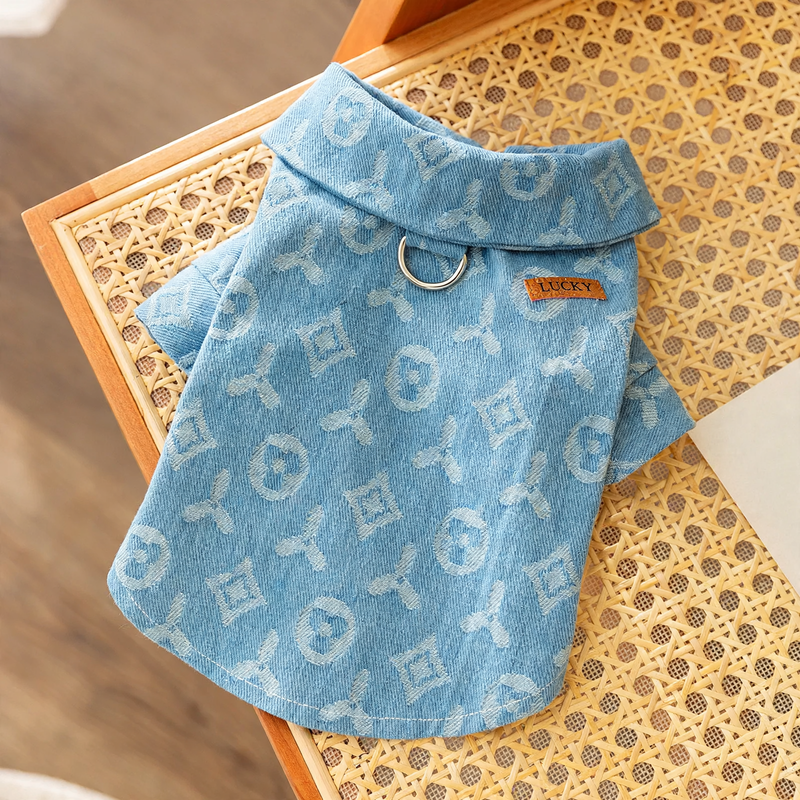 Denim-Dog jacket with leash ring for two front paws
