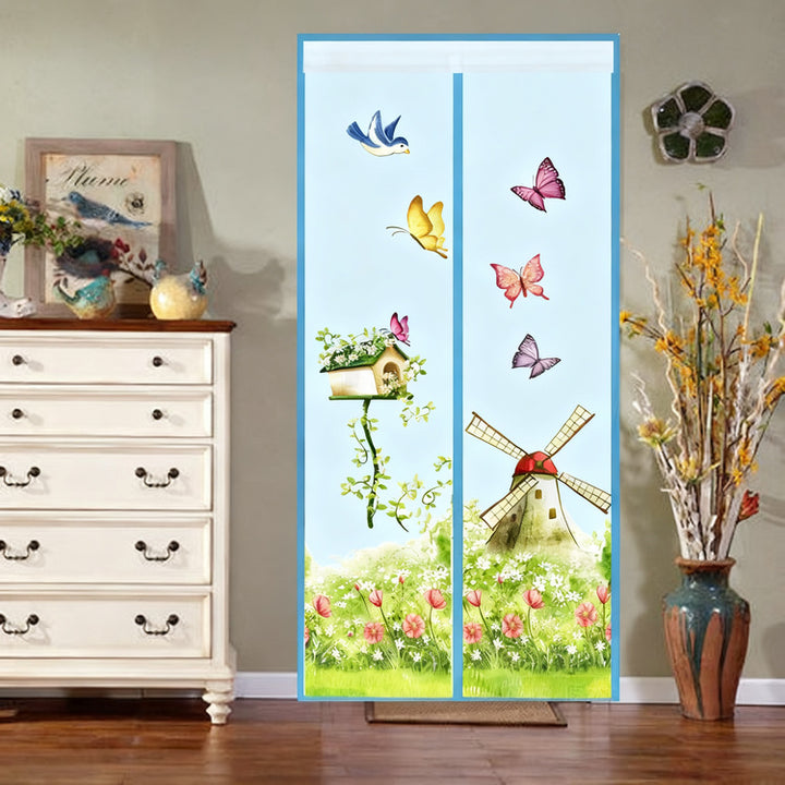 Magnetic insect screen door curtain with designs