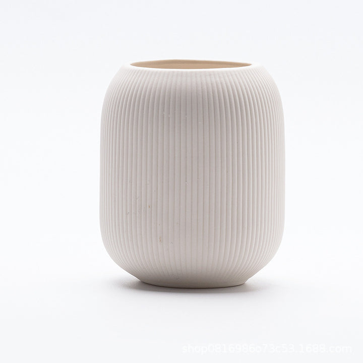 Ceramic flower vase with grooves, modern, white
