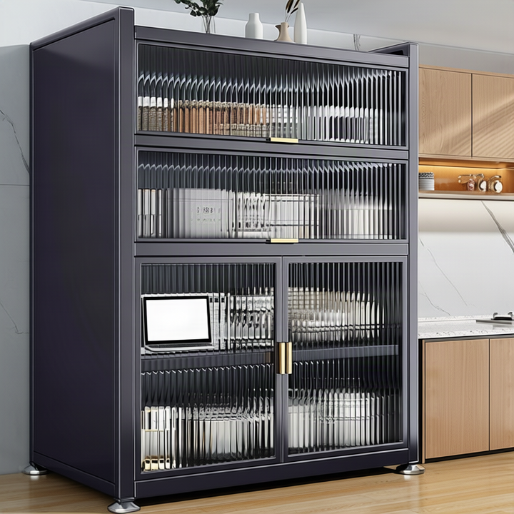 Kitchen stand shelf with glass doors, multi-tiered