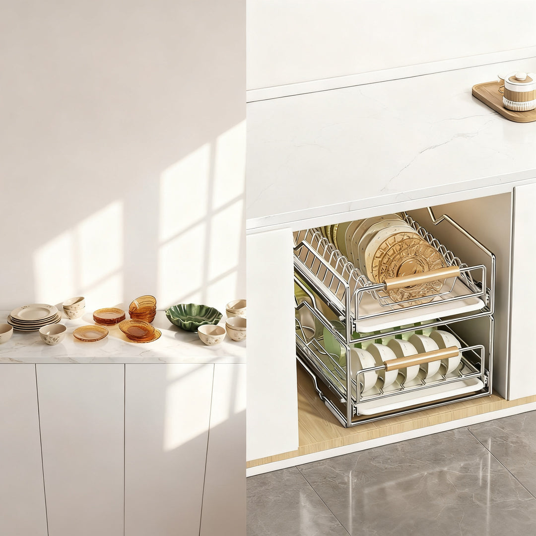 Expandable dish rack made of stainless steel for cabinets