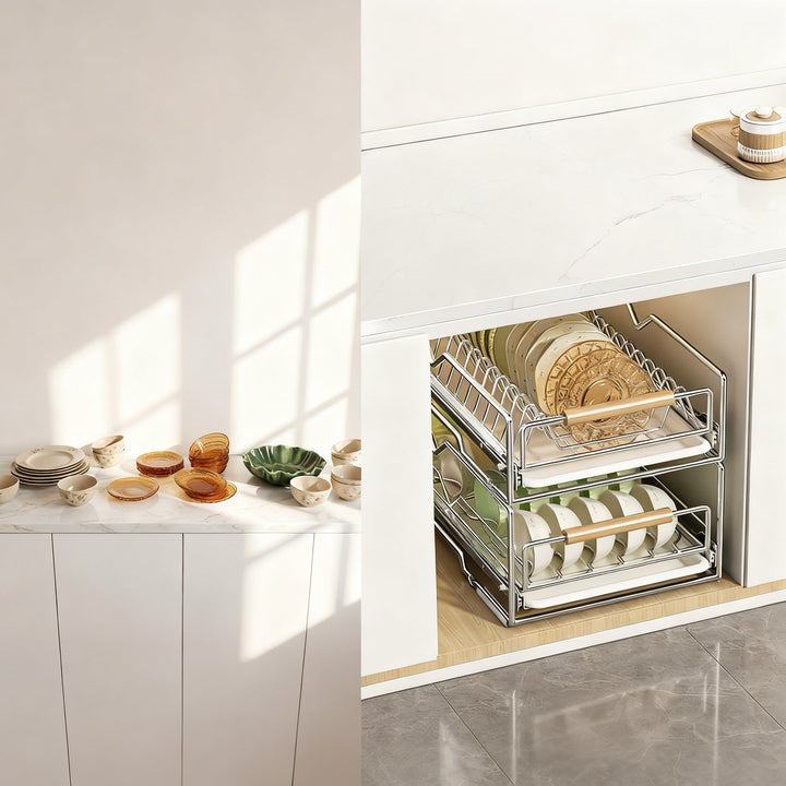 Expandable dish rack made of stainless steel for cabinets