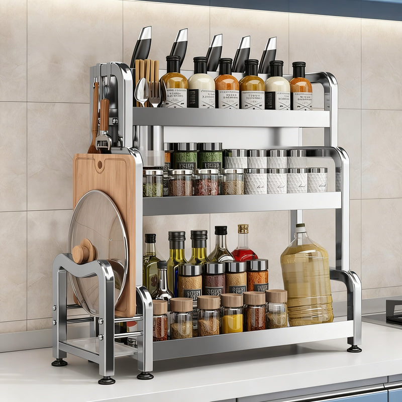 Stainless steel kitchen shelf, multi-tiered, for worktop