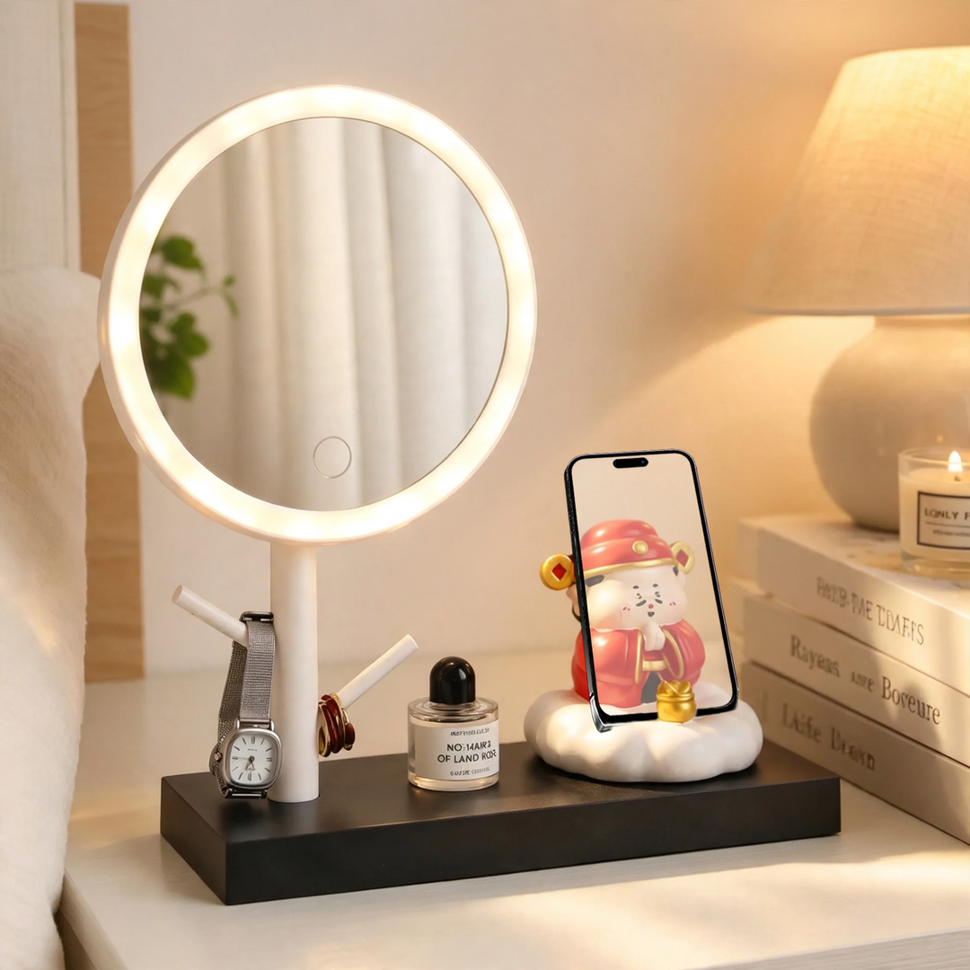 Makeup mirror with LED lighting and phone holder