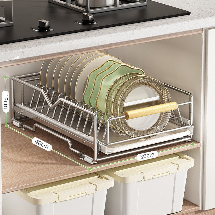 Expandable dish rack made of stainless steel for cabinets