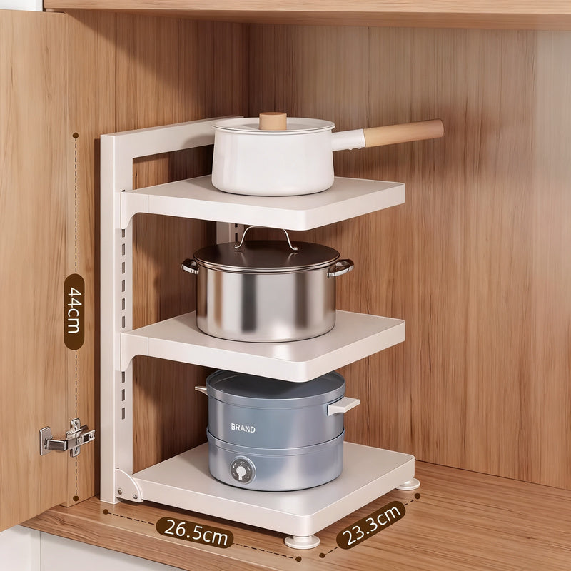 Multi-tier kitchen shelf for pots and pans