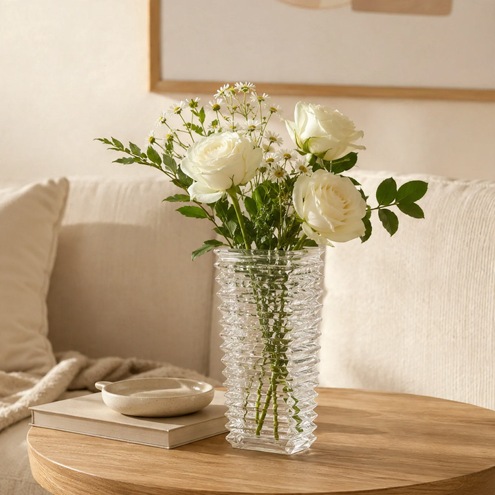 Transparent glass vase with wave pattern, rectangular
