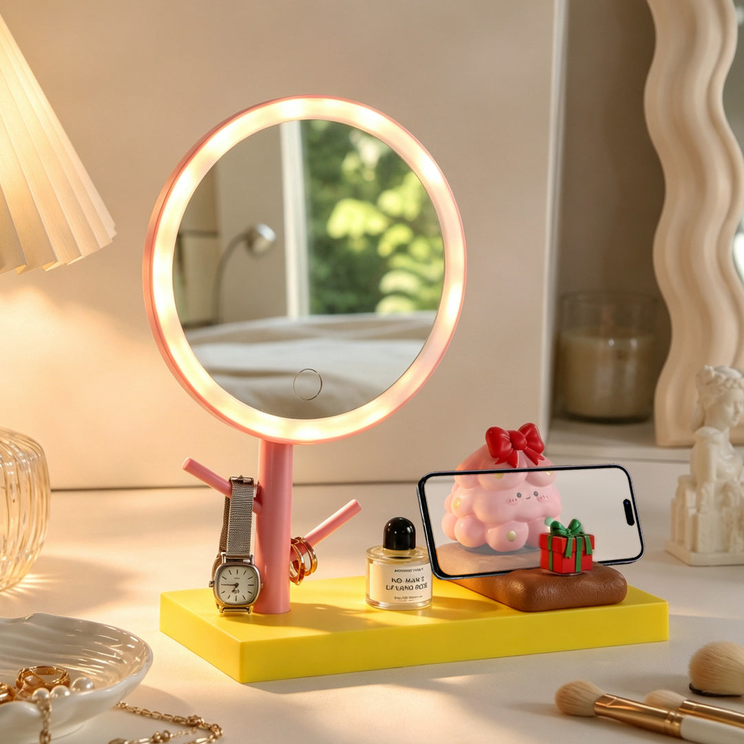 LED makeup mirror with smartphone holder