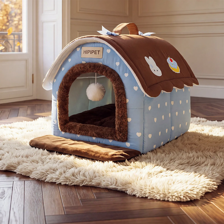 Closed pet house with roof, warm