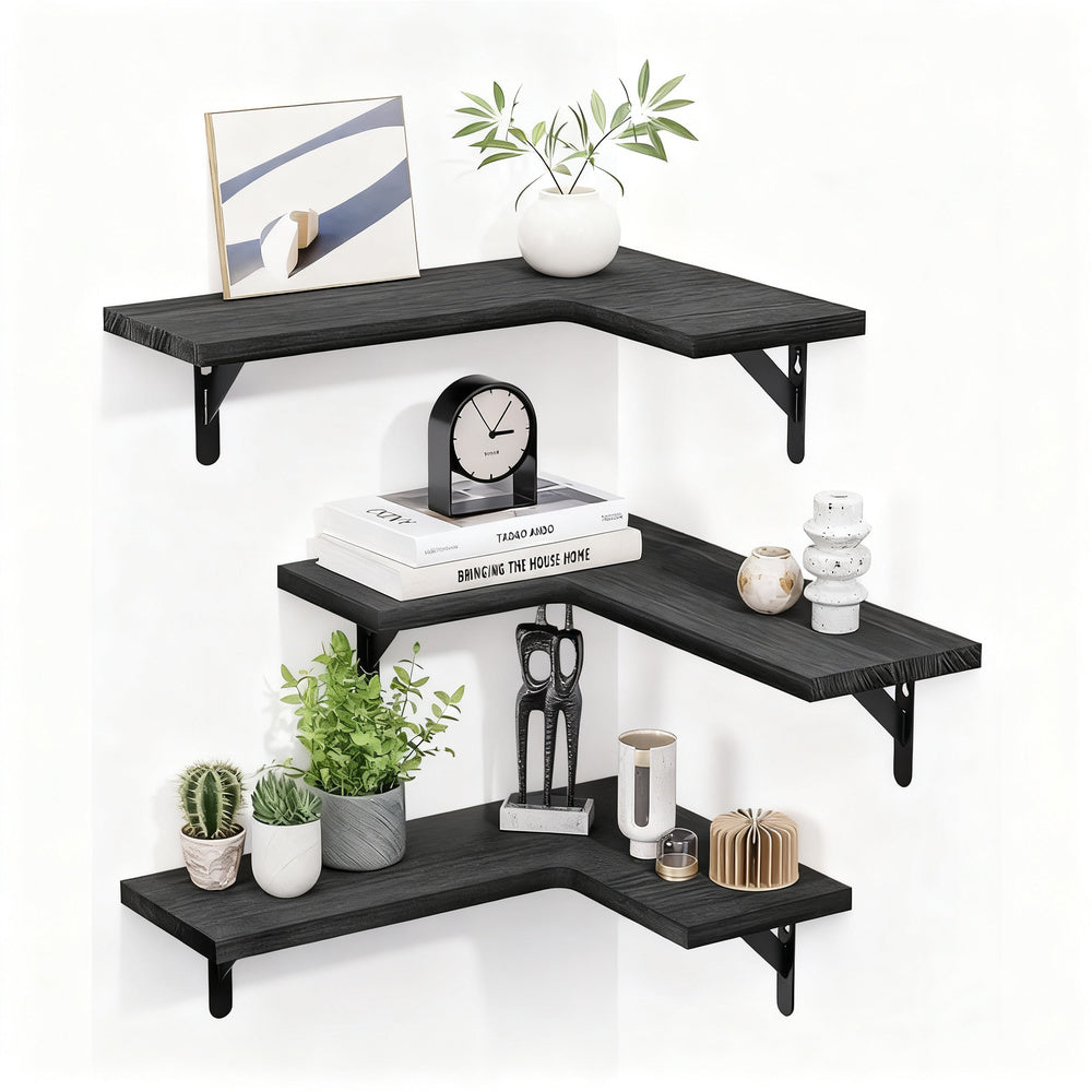 Wood and metal wall shelf, L-shape