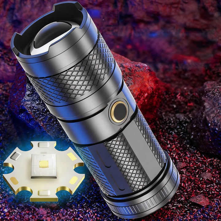 LED flashlight with zoom and USB-C charging