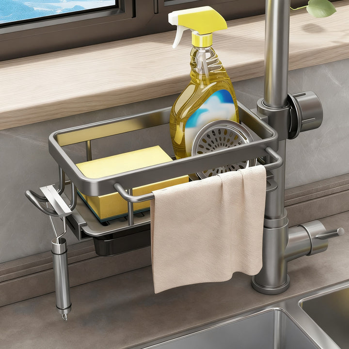 Aluminum sink organizer with drain tray