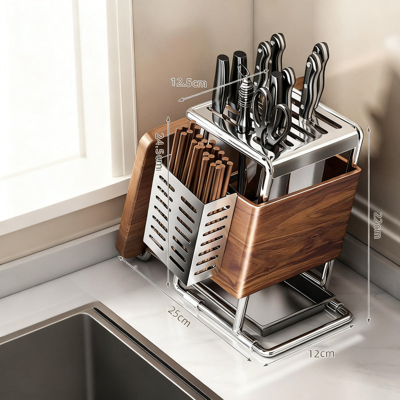 Carbon steel knife holder with cutlery compartment