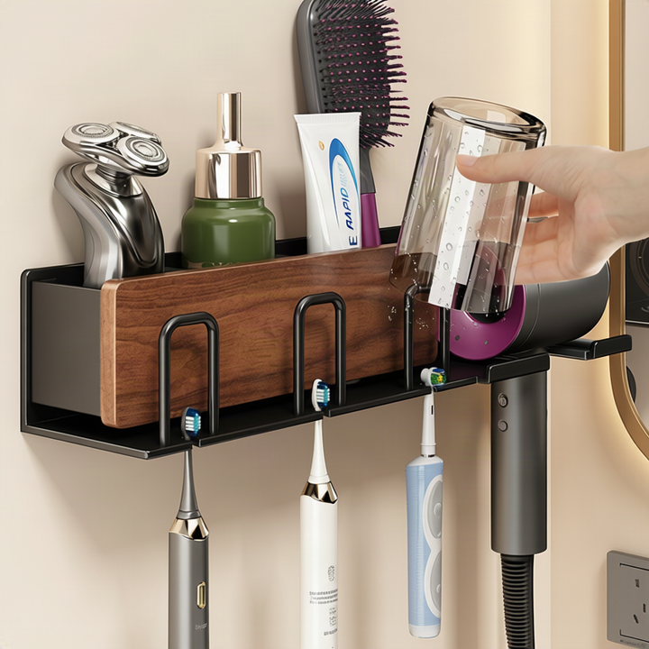 Toothbrush holder with hairdryer holder, wall-mounted